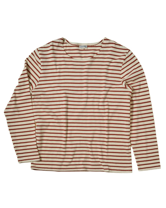 Breton Boatneck Tee in Brown + White Stripe