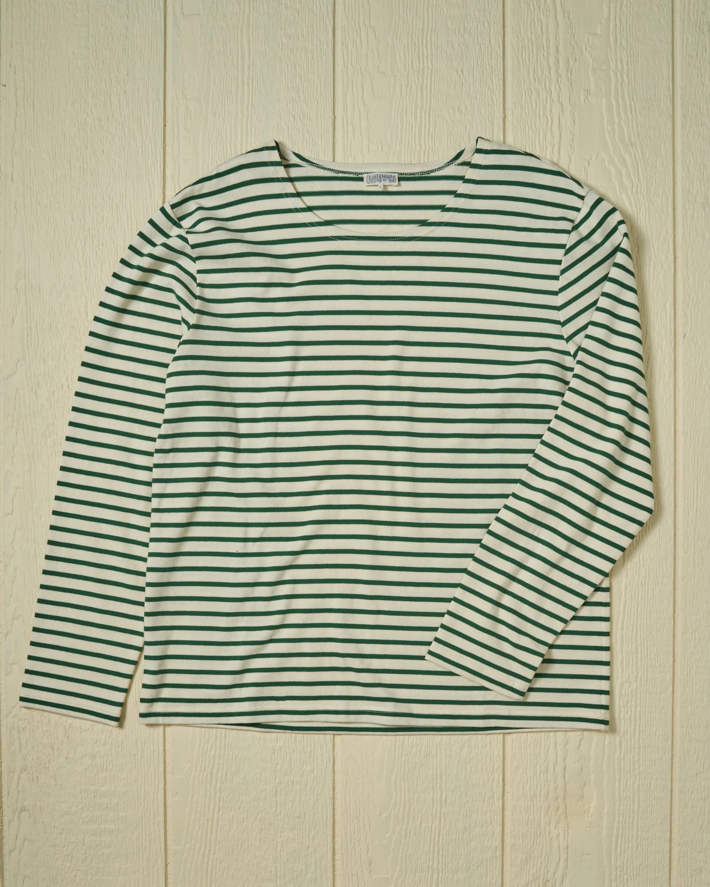 Breton Boatneck Tee in Green + White Stripe